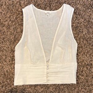 Aerie Cream Linen-Blend Plunging V-Neck Cropped Tank xs
